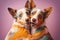 Studio portrait of positive overjoyed young dogs smiling and hugging, created with Generative AI technology