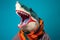 Studio portrait of a shark wearing knitted hat, scarf and mittens. Colorful winter and cold weather concept