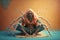 Studio portrait of spider in boho clothes doing yoga asana, created with Generative AI technology