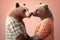 Studio portrait of two bears in casual clothes kissing, created with Generative AI technology