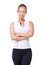 Studio, portrait and woman for fitness with arms crossed and health wellness for exercise mockup. Person, confident and