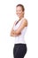 Studio, portrait and woman with smile in gym clothes, health wellness and fitness lifestyle with mockup. Person, happy