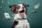 Studio portrait of young happy amazed excited dog in a suit cathcing money, created with Generative AI technology