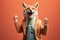 Studio portrait of young happy amazed excited fox in a suit, created with Generative AI technology