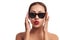 Studio, pout and woman with sunglasses for fashion, makeup and beauty with mockup. Female model, cosmetics and red lips