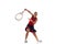 Studio shot of active teen girl, professional tennis player training with tennis racket over white background. Sport