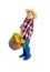 Studio shot of cute little girl, emotive kid in image of farmer, gardener holding big basket of vegetables isolated on