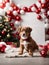 Studio shot of cute puppy. Merry Christmas and Happy New Year decoration