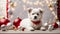 Studio shot of cute white puppy. Merry Christmas and Happy New Year decoration, balls, toys and gifts around. Generative AI