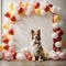 Studio shot of a dog with an empty poster sign. A frame of multicolored balloons around. Copy space