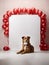 Studio shot of a dog with an empty poster sign. A frame of red balloons around. Copy space