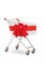 Studio shot of an emtpty shopping cart tied with a red ribbon bow