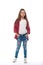 Studio shot of a serious girl wearing in jeans and a red checked shirt on a white background. She standing and keeps her