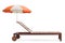 Studio shot of a wooden sunbed with an orange and white umbrella