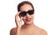 Studio, sunglasses and woman with smile for fashion, beauty and confidence with mockup. Female model, red lips and pride