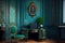 study with furniture in blue green tones in baroque interior