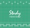 Study interior design. Text on tile wall. Turquoise square tiles with decor.