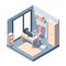 Study room isometric concept. Office modern design study room center computer chair table computer programmable cleaner