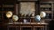 A study room with a massive mahogany desk and antique globes