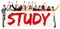 Study sign group of young students multi ethnic people holding b