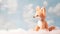 Stuffed animal plush baby fox toy on a studio snow and cloud background. Happy children\\\'s snuggle toy.