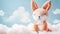 Stuffed animal plush baby fox toy on a studio snow and cloud background. Happy children\\\'s snuggle toy.