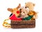 Stuffed animal toys in a christmas sledge