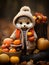a stuffed animal wearing a sweater and holding pumpkins