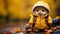 a stuffed animal wearing a yellow jacket and holding a small toy