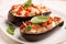 Stuffed aubergines, stuffed with minced meat, tomatoes and cheese