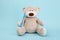 Stuffed Bear animal with toothbrush with copy space. Children dentist theme