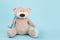 Stuffed Bear animal with toothbrush isolated on blue background. Children dentist theme