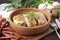 Stuffed cabbage rolls in clay plate