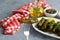 Stuffed collard greens with boiled leaves, traditonal turkish black sea region food, sarma, dolma. (Selective Focus)