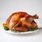 stuffed cooked thanksgiving turkey, on white background