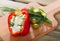 Stuffed delicious half of red pepper with brynza, Bulgarian cuisine