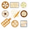 Stuffed Dumplings Rested on Plates and Wooden Cutting Boards Top and Side View Vector Set