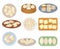 Stuffed Dumplings Rested on Plates and Wooden Cutting Boards Top and Side View Vector Set