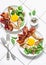 Stuffed egg crepes with bacon and arugula - delicious nutritious brunch on a light background, top view. Flat lay