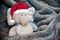 Stuffed fluffy animal with a Santa hat