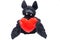Stuffed funny black bat toy with red fluffy heart on white