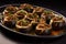 Stuffed mushrooms garnished with parsley on a black oval plate