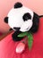 Stuffed panda bear holding a wrapped in pink foil chocolate flower,