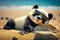 Stuffed panda bear wearing sunglasses laying on sandy beach next to rock. Generative AI