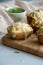 Stuffed potato halves with chicken, pickles and cheese