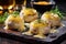 stuffed puffball mushrooms with melted colby cheese on stone slab