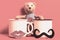 The stuffed toy teddy bear and couple cups of coffee with lips and mustache on pink. Dating on valentines day concep