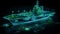 A stunning 3D hologram wireframe of a Navy aircraft carrier, projecting its intricate design