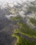 Stunning aerial drone helicopter view of lava fields and forests after a recent eruption of Kilauea volcano on the Big Island of H