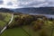 Stunning aerial drone landscape image of glorious vibrant Autumn Fall sun over Thirlmere in Lake District